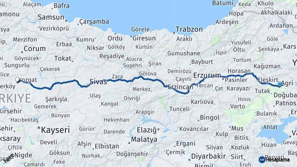 Ağrı Yozgat Arası Kaç Km - Yol Haritası