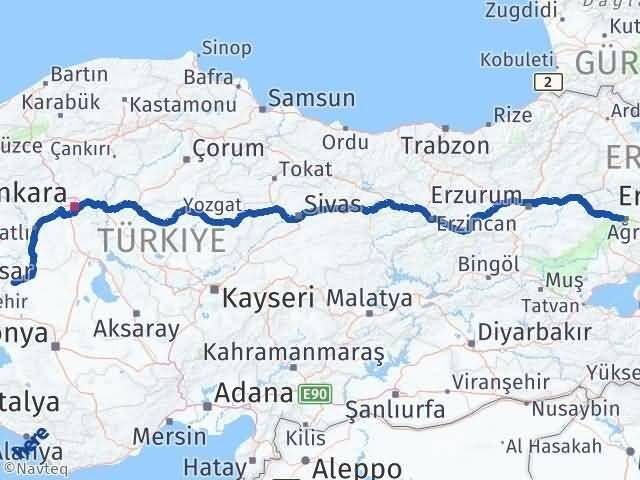 Ağrı Yunak Konya Arası Kaç Km - Yol Haritası