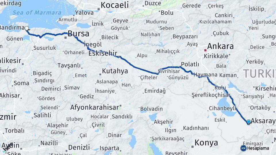 Aksaray 600 Evler Bandırma Balıkesir Arası Kaç Km - Yol Haritası