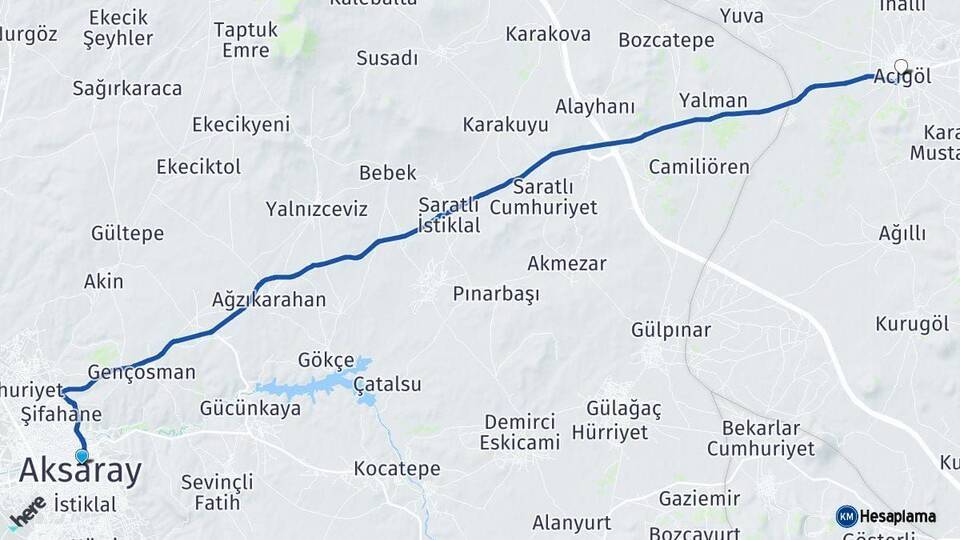 Aksaray Acıgöl Nevşehir Arası Kaç Km - Yol Haritası