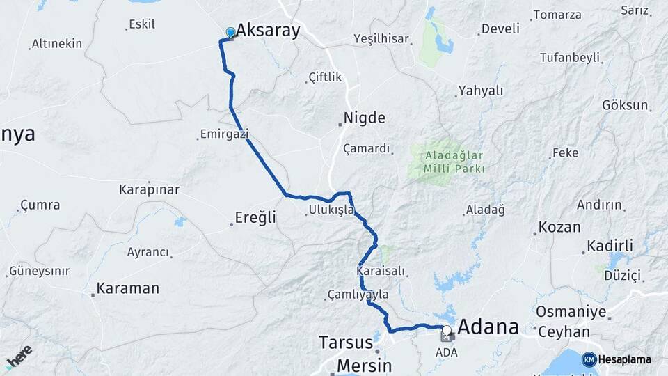 Aksaray Adana Havalimanı Arası Kaç Km - Yol Haritası