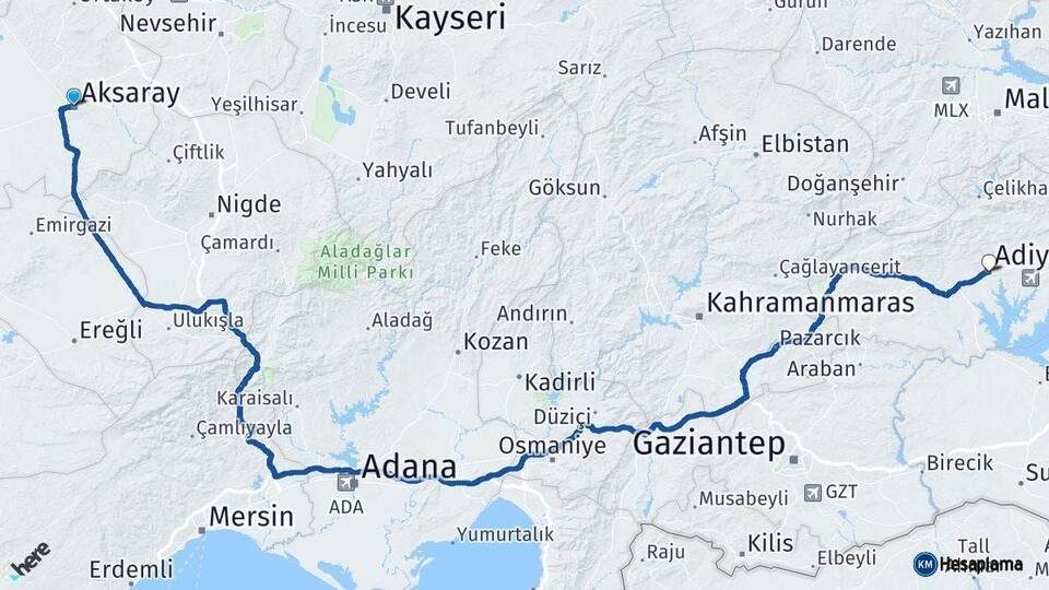 Aksaray Adıyaman Arası Kaç Km - Yol Haritası
