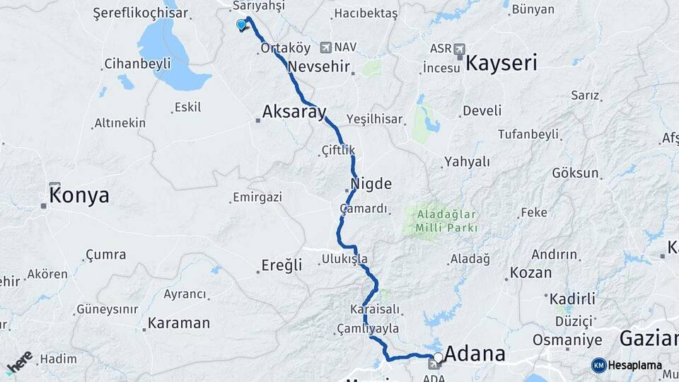 Aksaray Ağaçören Adana Arası Kaç Km - Yol Haritası