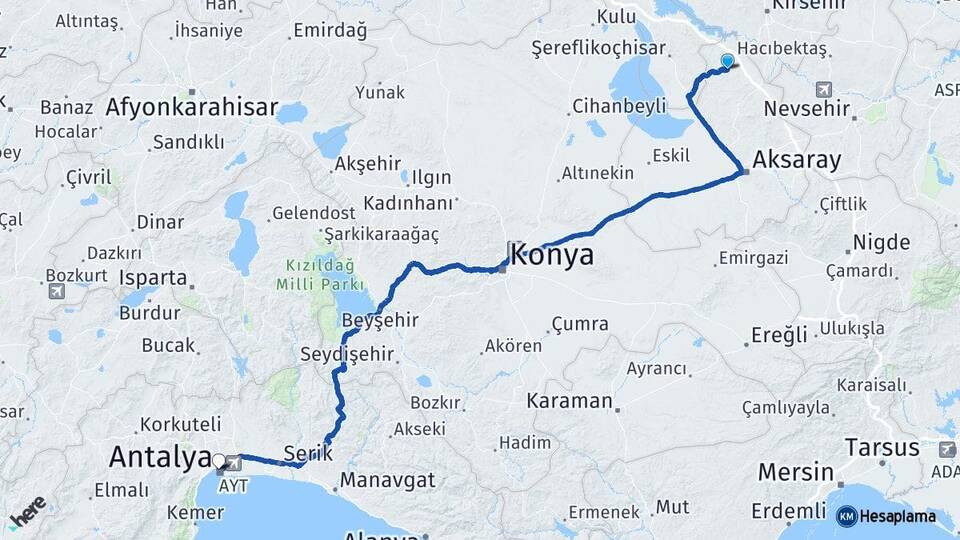 Aksaray Ağaçören Antalya Arası Kaç Km - Yol Haritası