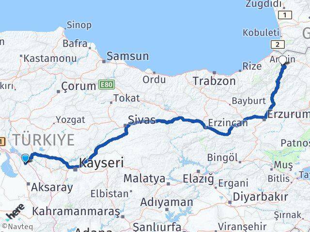 Aksaray Ağaçören Artvin Arası Kaç Km - Yol Haritası