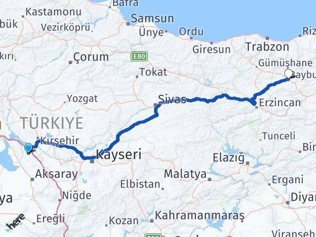 Aksaray Ağaçören Bayburt Arası Kaç Km - Yol Haritası