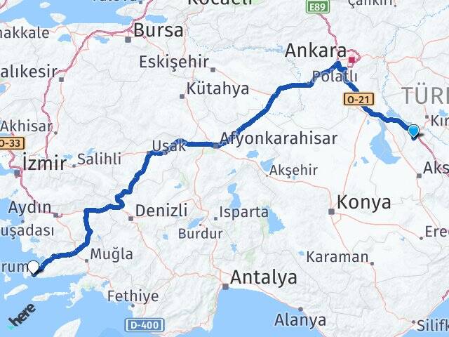 Aksaray Ağaçören Bodrum Muğla Arası Kaç Km - Yol Haritası