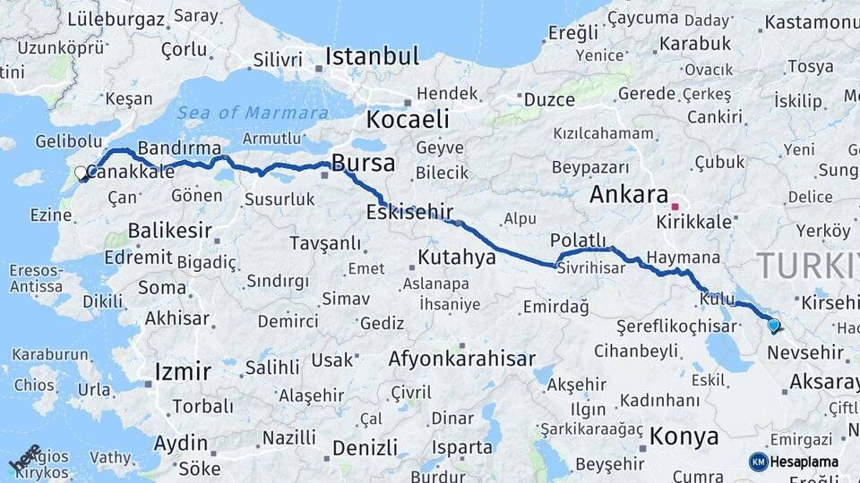 Aksaray Ağaçören Çanakkale Arası Kaç Km - Yol Haritası