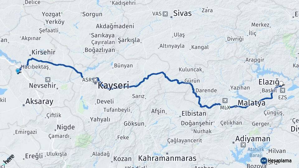 Aksaray Ağaçören Elazığ Arası Kaç Km - Yol Haritası