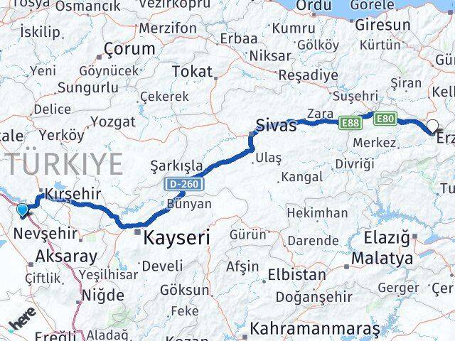 Aksaray Ağaçören Erzincan Arası Kaç Km - Yol Haritası