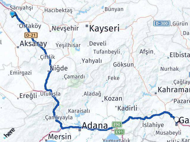 Aksaray Ağaçören Gaziantep Arası Kaç Km - Yol Haritası
