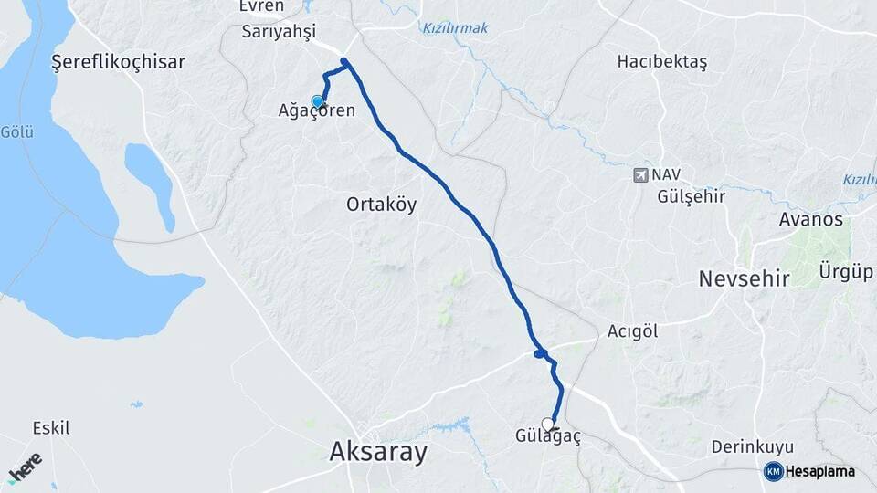 Aksaray Ağaçören Gülağaç Arası Kaç Km - Yol Haritası