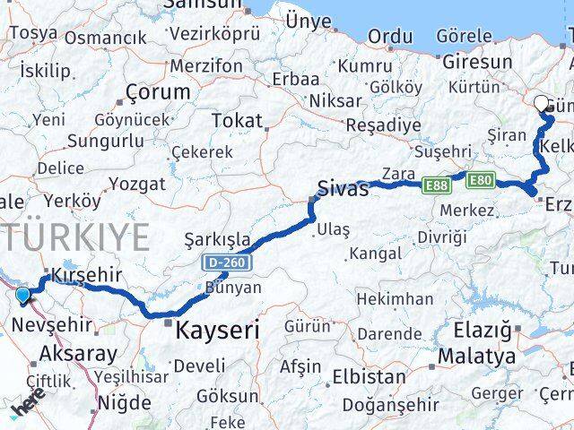 Aksaray Ağaçören Gümüşhane Arası Kaç Km - Yol Haritası