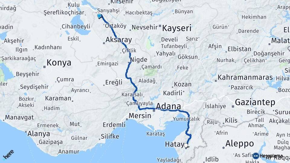 Aksaray Ağaçören Hatay Arası Kaç Km - Yol Haritası
