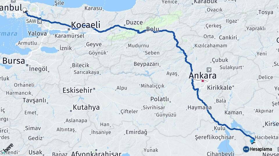 Aksaray Ağaçören İstanbul Arası Kaç Km - Yol Haritası