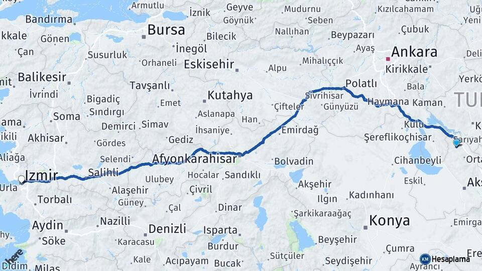 Aksaray Ağaçören İzmir Arası Kaç Km - Yol Haritası