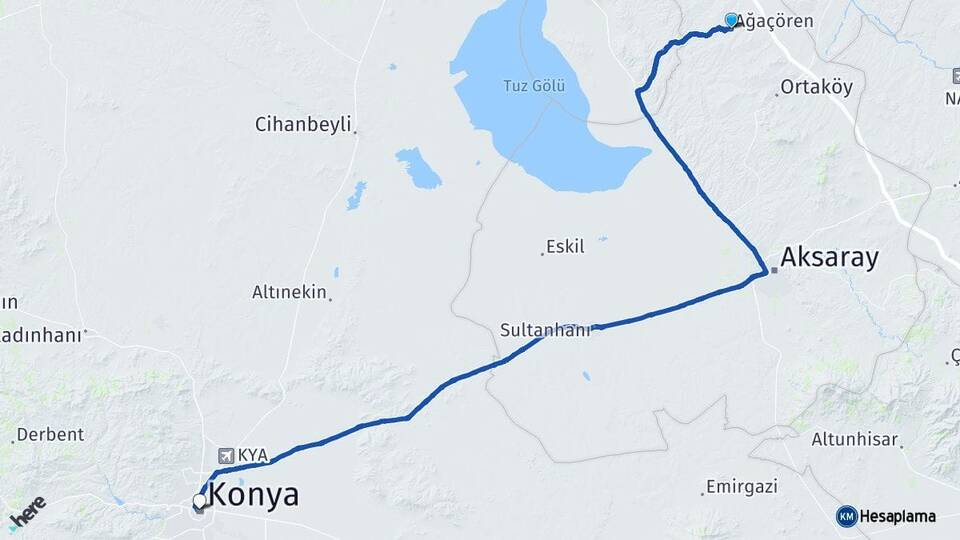 Aksaray Ağaçören Konya Arası Kaç Km - Yol Haritası