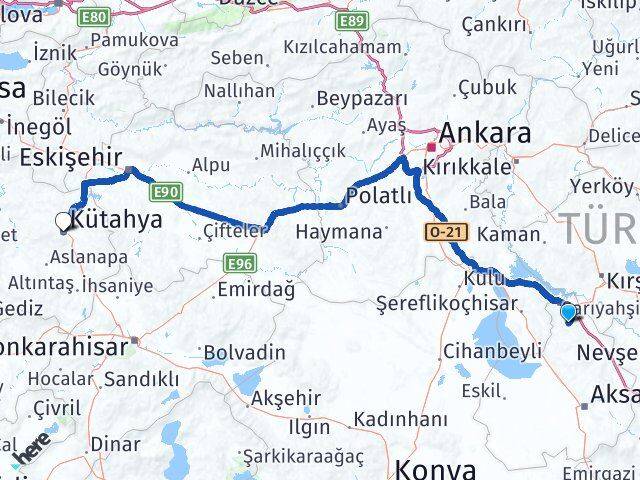 Aksaray Ağaçören Kütahya Arası Kaç Km - Yol Haritası