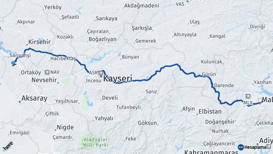Aksaray Ağaçören Malatya Arası Kaç Km - Yol Haritası