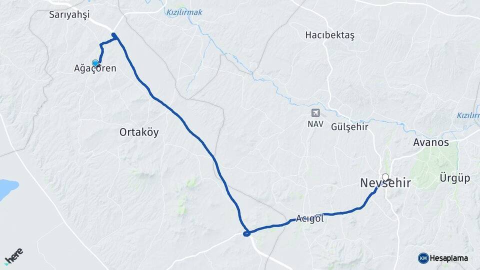 Aksaray Ağaçören Nevşehir Arası Kaç Km - Yol Haritası