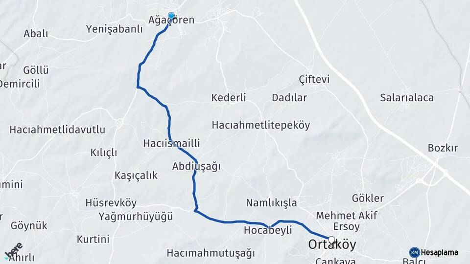 Aksaray Ağaçören Ortaköy Arası Kaç Km - Yol Haritası