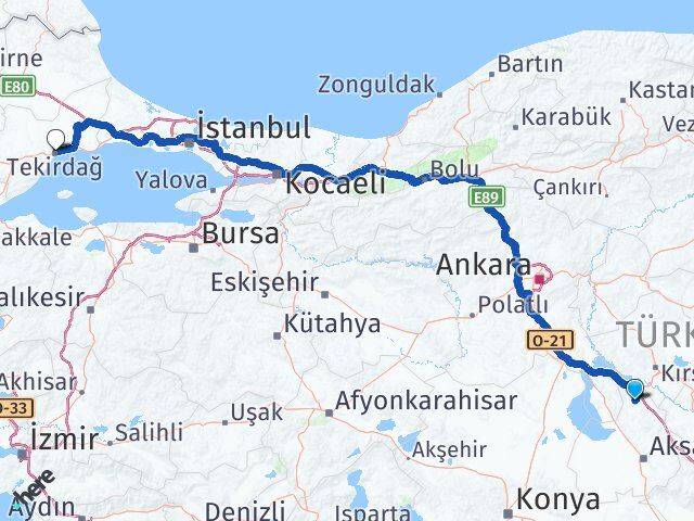 Aksaray Ağaçören Tekirdağ Arası Kaç Km - Yol Haritası