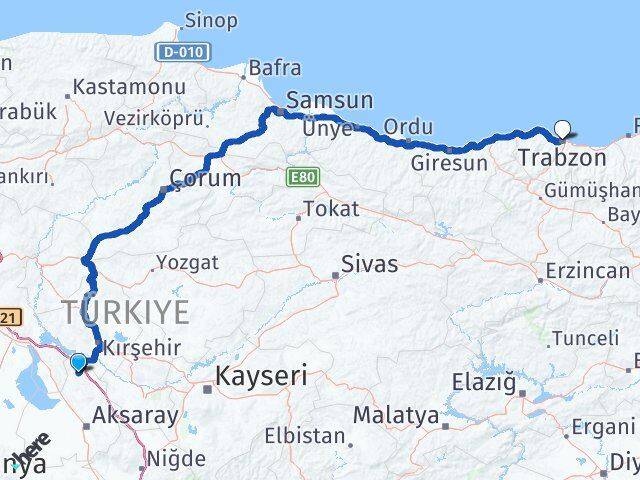Aksaray Ağaçören Trabzon Arası Kaç Km - Yol Haritası
