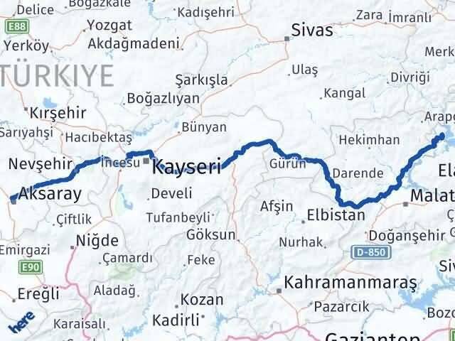 Aksaray Ağın Elazığ Arası Kaç Km - Yol Haritası