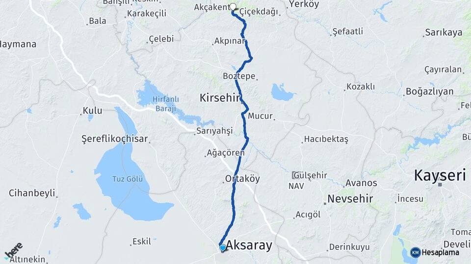Aksaray Akçakent Kırşehir Arası Kaç Km - Yol Haritası