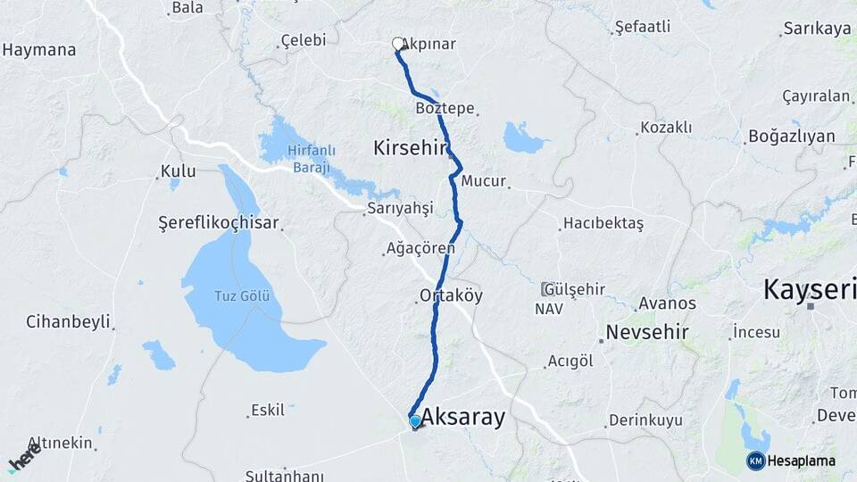 Aksaray Akpınar Kırşehir Arası Kaç Km - Yol Haritası