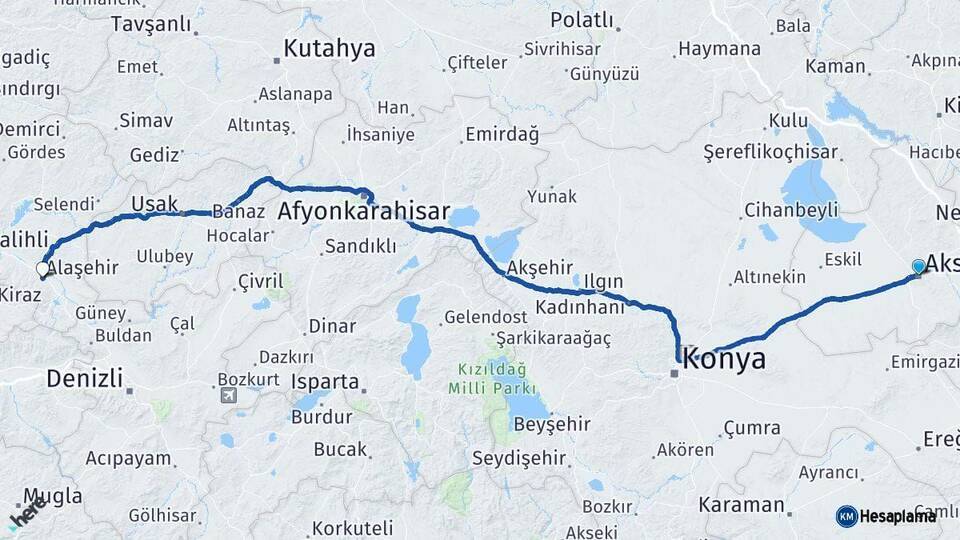 Aksaray Alaşehir Manisa Arası Kaç Km - Yol Haritası