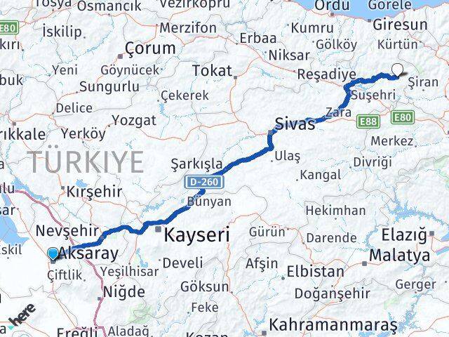 Aksaray Alucra Giresun Arası Kaç Km - Yol Haritası
