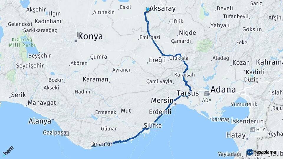 Aksaray Anamur Mersin Arası Kaç Km - Yol Haritası