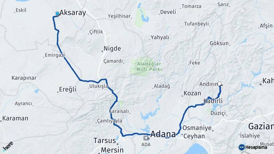 Aksaray Andırın Kahramanmaraş Arası Kaç Km - Yol Haritası