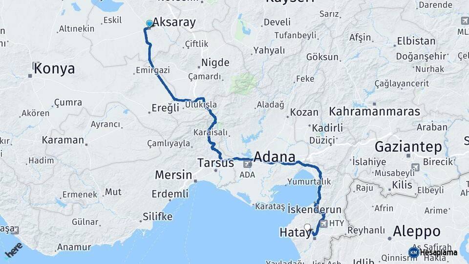 Aksaray Antakya Hatay Arası Kaç Km - Yol Haritası