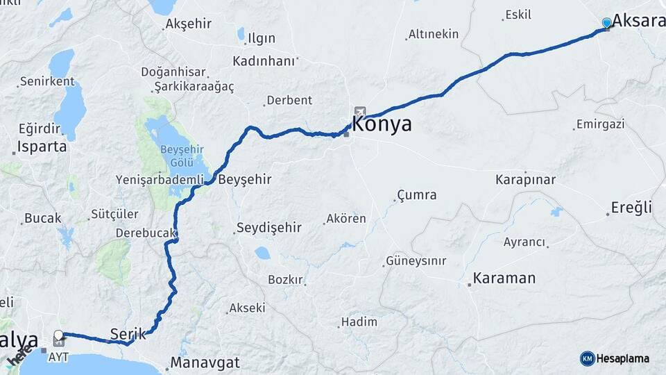 Aksaray Antalya Havalimanı Arası Kaç Km - Yol Haritası