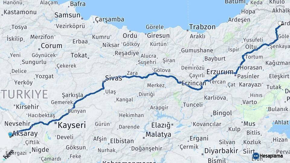 Aksaray Ardahan Arası Kaç Km - Yol Haritası