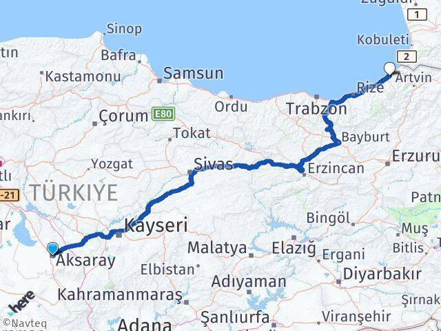 Aksaray Arhavi Artvin Arası Kaç Km - Yol Haritası