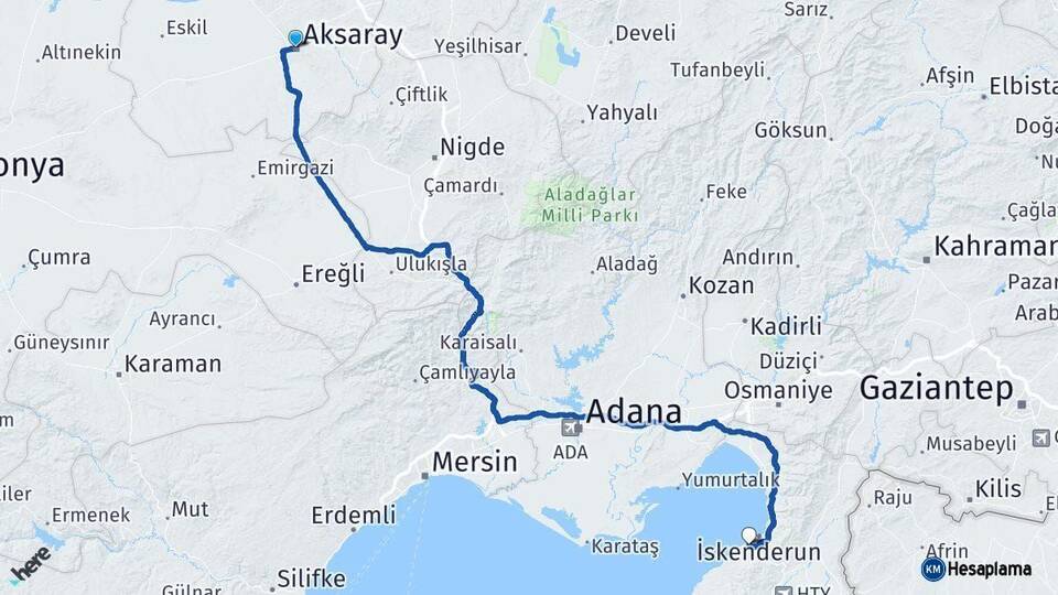 Aksaray Arsuz Hatay Arası Kaç Km - Yol Haritası