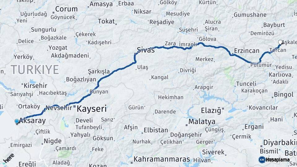 Aksaray Aşkale Erzurum Arası Kaç Km - Yol Haritası