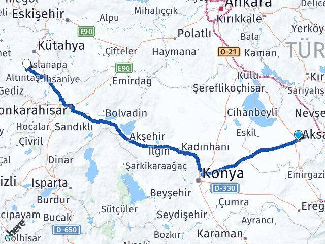 Aksaray Aslanapa Kütahya Arası Kaç Km - Yol Haritası