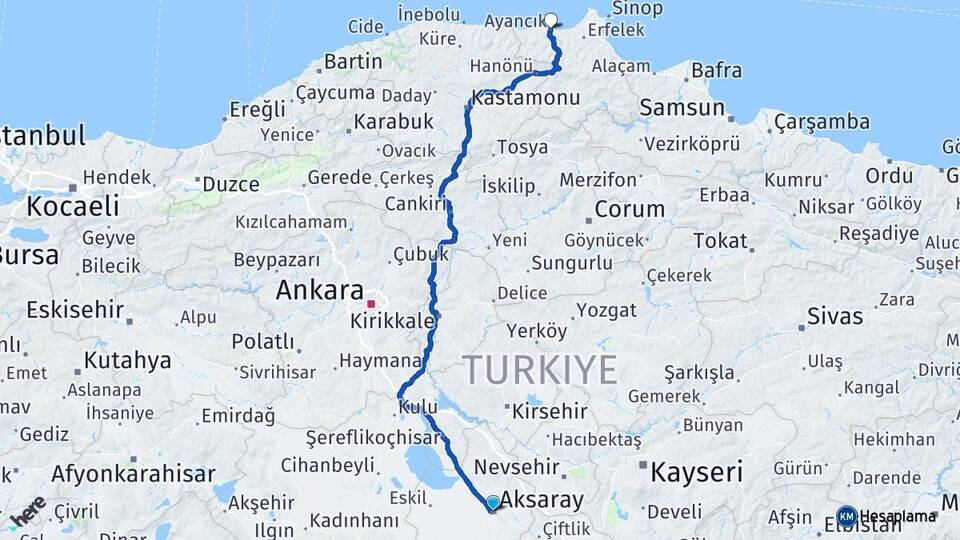 Aksaray Ayancık Sinop Arası Kaç Km - Yol Haritası