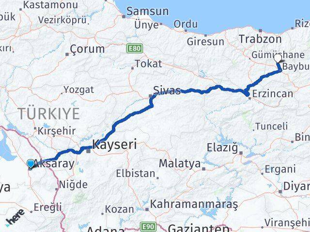 Aksaray Aydıntepe Bayburt Arası Kaç Km - Yol Haritası