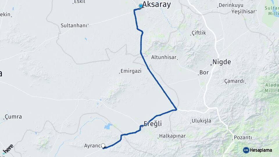 Aksaray Ayrancı Karaman Arası Kaç Km - Yol Haritası