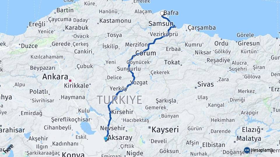 Aksaray Bafra Samsun Arası Kaç Km - Yol Haritası