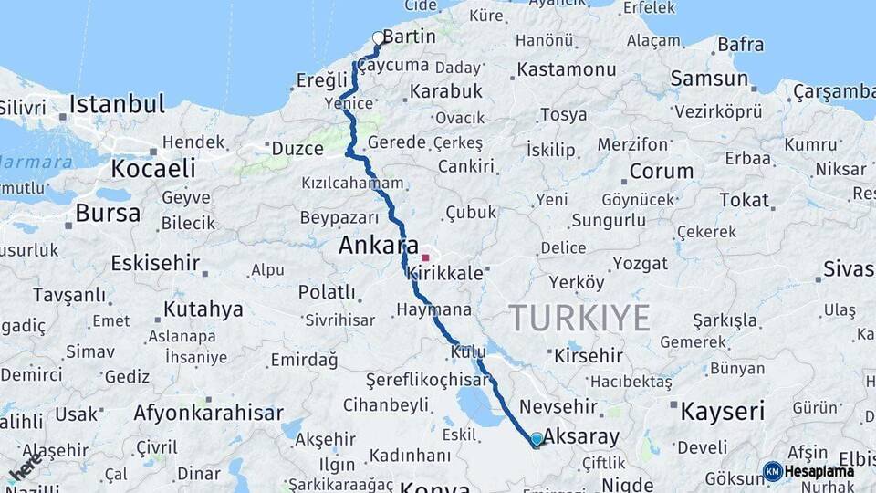 Aksaray Bartın Arası Kaç Km - Yol Haritası
