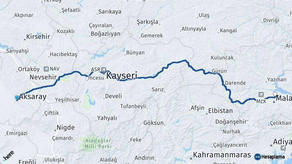 Aksaray Battalgazi Malatya Arası Kaç Km - Yol Haritası