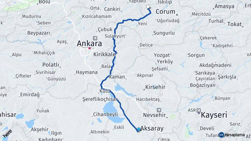 Aksaray Bayat Çorum Arası Kaç Km - Yol Haritası