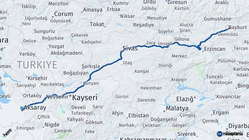 Aksaray Bayburt Arası Kaç Km - Yol Haritası