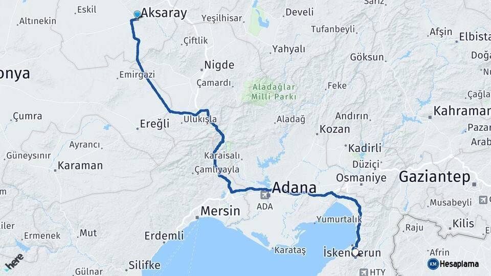 Aksaray Belen Hatay Arası Kaç Km - Yol Haritası